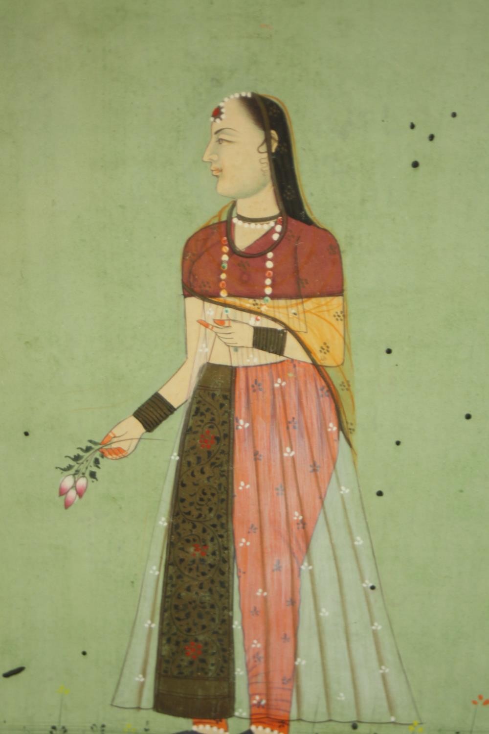 A print and 19th century Indo-Persian gouache on paper of a female figure in traditional clothing. - Image 4 of 5