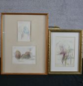 Unknown artist. Three pencil drawings one of Moskusokser. Signed 'Julien' and dated 1983. Framed.