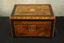 Jewellery box, 19th century walnut with satinwood inlay. H.15 W.25cm.