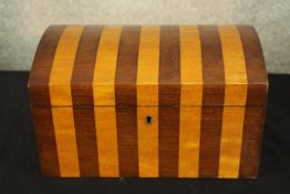 Tea caddy, 19th century mahogany and satinwood with etched crystal mixing bowl. H.15 W.26cm.