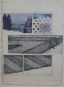 Unknown artist. An architectural study on paper. Crosshatch ink and coloured pencil. Float mounted