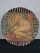 Unknown artist. A large hand painted ceramic plate of a female nude and raised pattern. Some areas