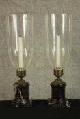 A matching pair of candle holders. Storm lanterns early 20th centaury. Made of marble, brass and