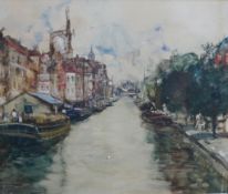 James Kay (Scottish 1858-1942) canal passing through Rotterdam, framed watercolour. H.71 W.79cm