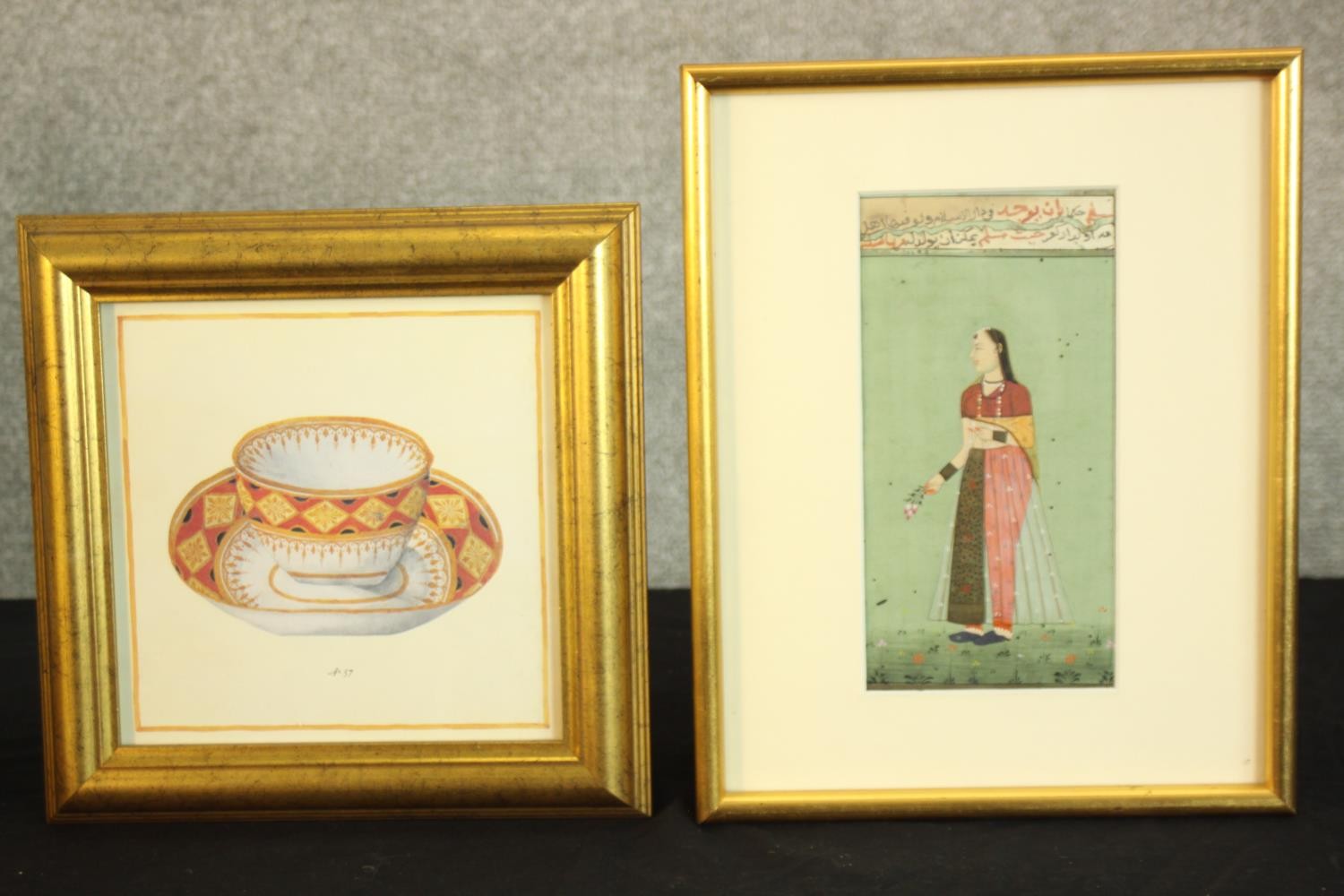 A print and 19th century Indo-Persian gouache on paper of a female figure in traditional clothing.