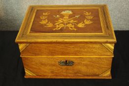 Fitted pipe box, 19th century mahogany with satinwood and rosewood marquetry inlay. H.16 W.29cm.