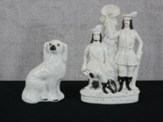 Two nineteenth century flatback Staffordshire figure groups. Robin Hood and a Spaniel. The largest