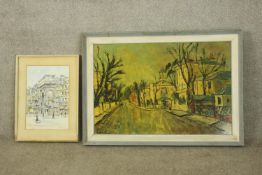 Oil on board and pen and ink. Street scenes possibly Parisian. Signed indistinctly bottom left.