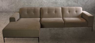 Corner sofa, contemporary fabric upholstered on metal legs. W.286 D.165cm.