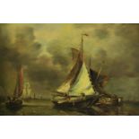 Oil on board. Fishing vessels putting out to sea. In decorative gilt frame. H.60 x W.69cm.