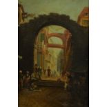 Oil on board. A Italian street scene showing what is probably and old Roman arch. In need of a clean