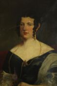 Oil on canvas. Portrait of a aristocratic lady. In a gilt decorated frame. Evidence of past