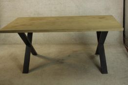 Dining table, contemporary teak with metal base. H.76 W.180cm. (Needs assembling)