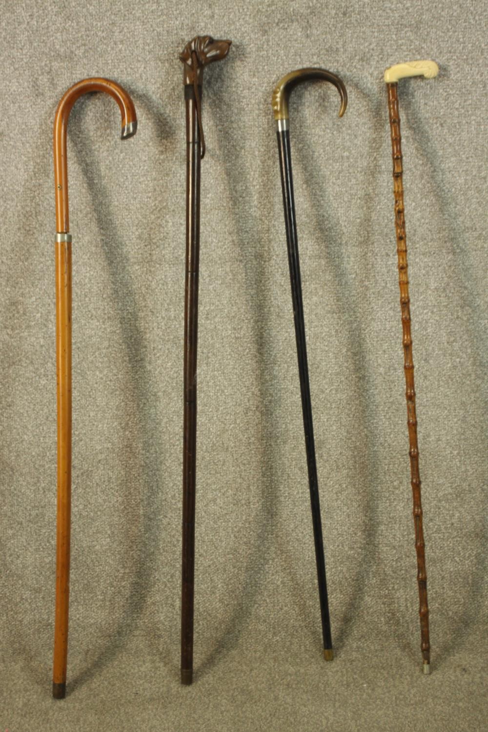 Two sword sticks and two walking canes. The two swords with steel blades. Probably Victorian. H.93cm