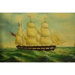 Naval interest. Mid 19th century, or earlier, naive oil painting of a unknown frigate. Flying a flag
