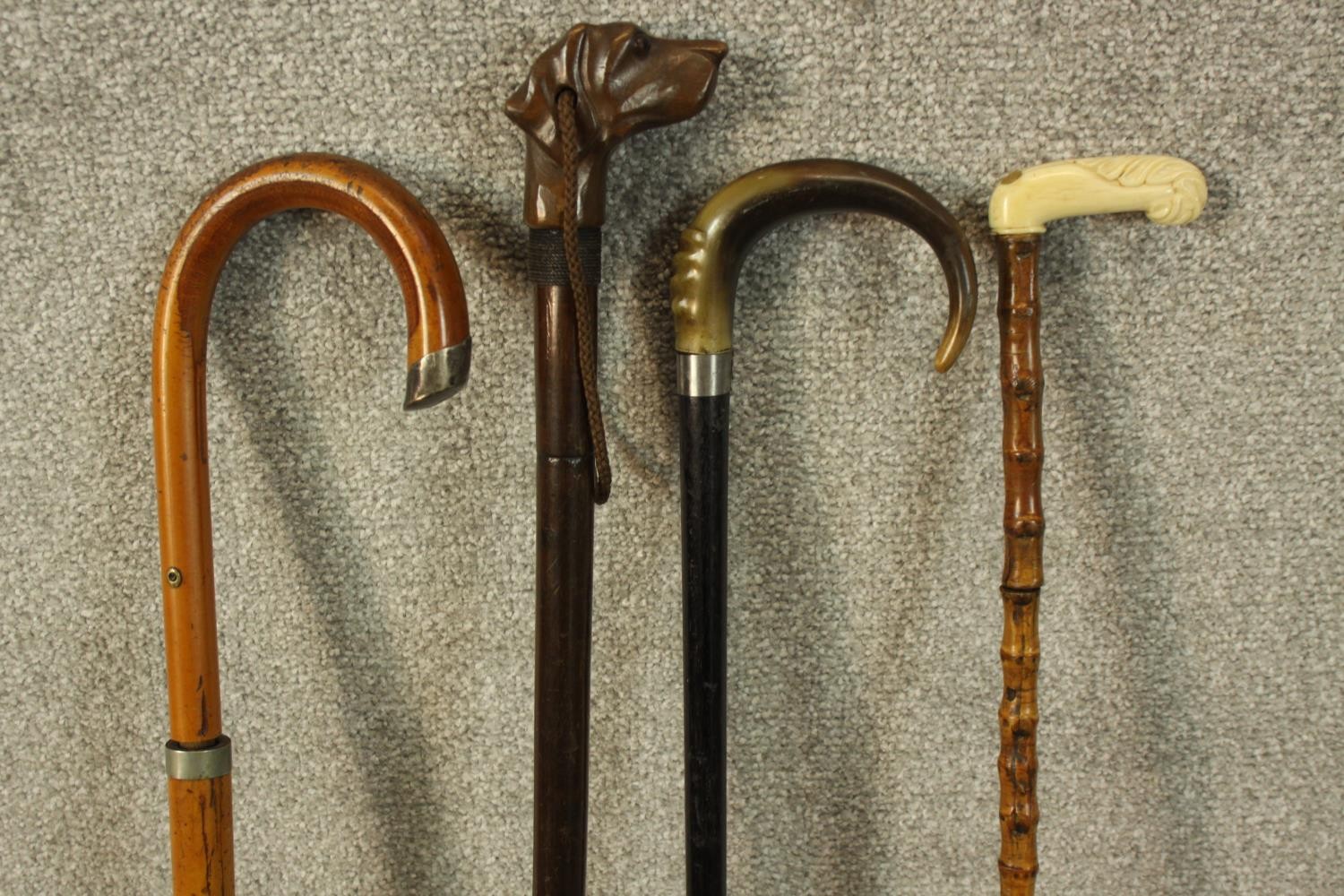 Two sword sticks and two walking canes. The two swords with steel blades. Probably Victorian. H.93cm - Image 2 of 3