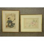 Two Japanese woodblock prints. One coloured. Signed with the artist's seal. Framed and glazed. H.