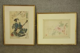Two Japanese woodblock prints. One coloured. Signed with the artist's seal. Framed and glazed. H.