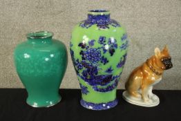 A Japanese turquoise enamel vase along with a hand painted ceramic dog and Oriental vase decorated