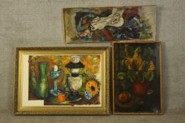 Three oil paintings on board. A mix of styles but by the same artist 'J. Farley'. One quite