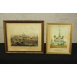 Unknown artist. Russian interest. A watercolour of St Basil's Cathedral, Moscow and a engraved print