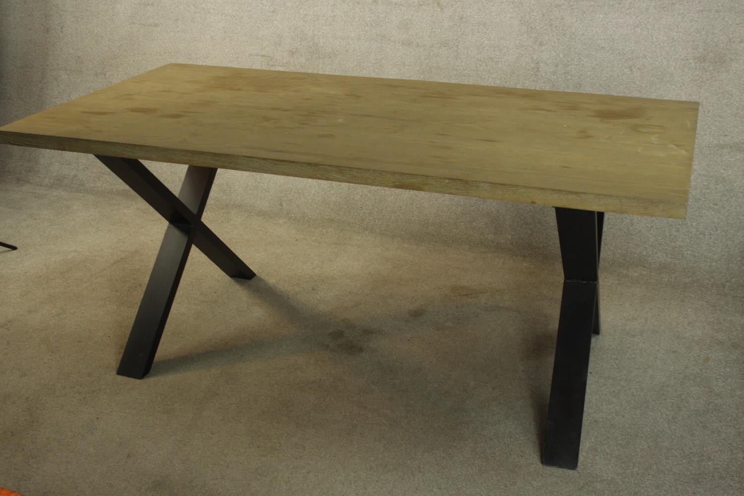 Dining table, contemporary teak with metal base. H.76 W.180cm. (Needs assembling) - Image 2 of 5
