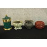 Four decorative pots. Three porcelain and one pewter. Included a Chinese Cinnabar lacquer box. H. 20