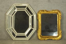 Wall mirrors, two, one Venetian style and the other carved gilt wood. H.85 W.69cm (largest).