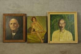 Three oil paintings. Two portraits on board and a nude on canvas. One portrait signed 'Jules