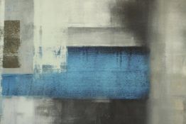 A large abstract print in soft blues and greys. Framed and glazed. H.112 x W.186 cm.