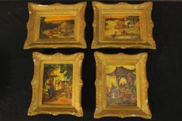 Four oil on board paintings. Traveller scenes. Each in gilt decorated frames. Signed indistinctly by