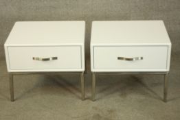 Bedside cabinets, contemporary laminated and chrome. H.43 W.50cm.