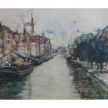 James Kay (Scottish 1858-1942) canal passing through Rotterdam, framed watercolour. H.71 W.79cm