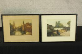 Two hand coloured and sighed etchings. One showing Notre Dame and a street vender the other a city