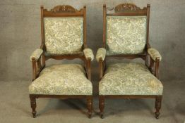 Armchairs, pair, late Victorian oak. (tear to upholstery on one)