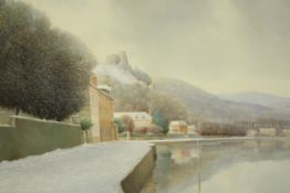 K. B. Hancock (20th century) British. Oil on canvas. Winter river scene. Signed bottom left. In a