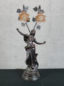 Large Art Nouveau style bronze figural lamp with twin branches. H.79cm.