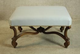 Footstool, French provincial style walnut upholstered in leather. H.45 W.43cm.