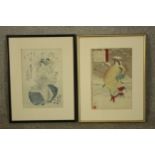 Two signed Japanese woodblock prints both featuring geisha. Framed and glazed. Both signed with