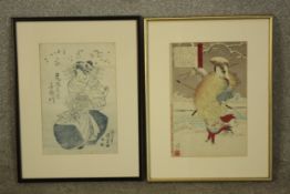 Two signed Japanese woodblock prints both featuring geisha. Framed and glazed. Both signed with