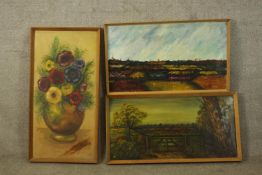 Three oil paintings on board. Two landscapes and a still life by the same artist 'J. Farley'?