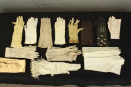 Collection of ladies gloves. Sixteen pairs of 19th to 20th century cloves. Including leather,