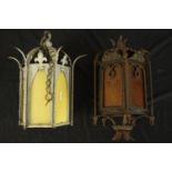 Two ornate Gothic style spiked hanging lanterns. One painted. H.40cm.