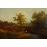 Oil on canvas. Landscape showing a bend in the river and an angler beneath a tree. In a gilt