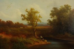 Oil on canvas. Landscape showing a bend in the river and an angler beneath a tree. In a gilt