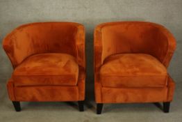 Armchairs, contemporary velour upholstered.