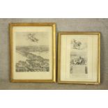 Two framed engravings. An angel over a cityscape and another. H.70 x W.53cm.