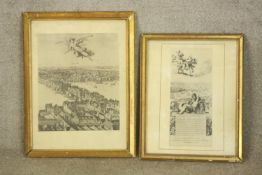 Two framed engravings. An angel over a cityscape and another. H.70 x W.53cm.