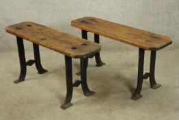 Benches, pair, vintage oak and cast iron. H.45 W.92cm. (each)