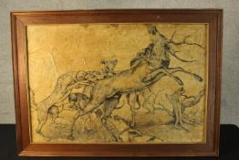A grisaille of stag brought down by dogs. Framed. H.74 x W.104 cm.
